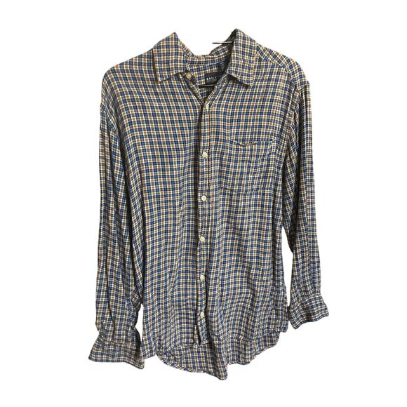 Basic Editions Men’s S Flannel Shirt 100% Cotton Blue Tan Small Checks - Picture 1 of 5